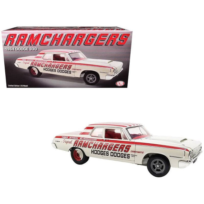 1964 Dodge 330 "Ramchargers" White with Red Graphics and Stripes Limited Edition to 504 pieces Worldwide 1/18 Diecast Model Car by ACME - Acme - ModelCars.com