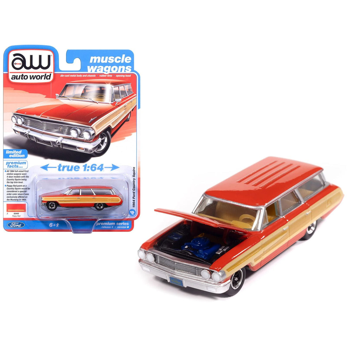 1964 Ford Country Squire Poppy Red with Woodgrain Sides "Muscle Wagons" Series 1/64 Diecast Model Car by Auto World-Autoworld-ModelCars.com