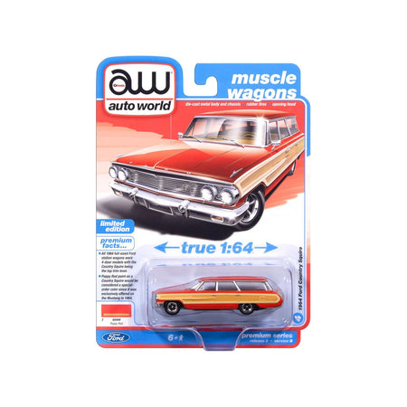 1964 Ford Country Squire Poppy Red with Woodgrain Sides "Muscle Wagons" Series 1/64 Diecast Model Car by Auto World-Autoworld-ModelCars.com