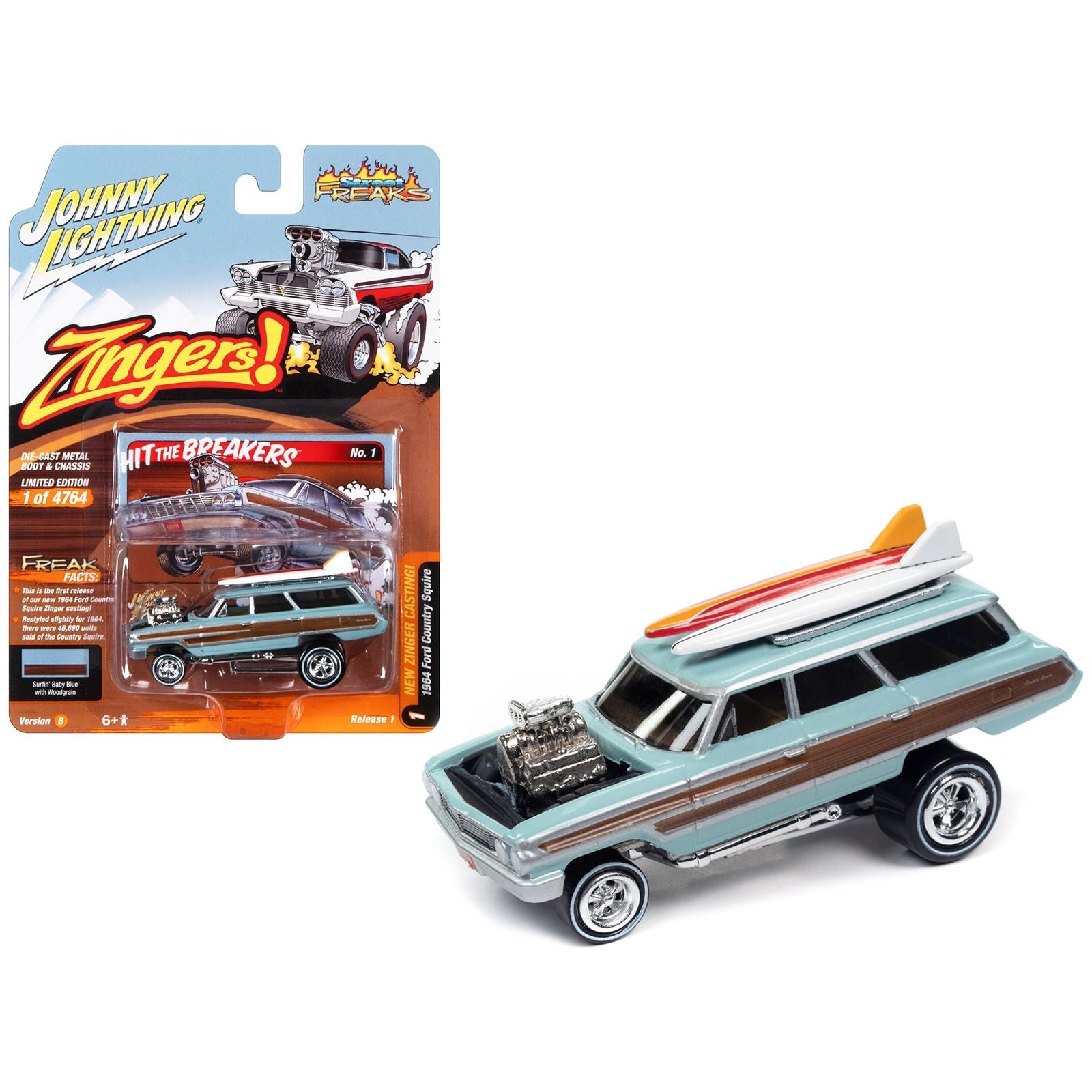 1964 Ford Country Squire Surfin' Baby Blue with Woodgrain Panels and Surfboard on Roof "Zingers!" Limited Edition to 4764 pieces Worldwide "Street Freaks" Series 1/64 Diecast Model Car by Johnny Lightning - Johnny Lightning - ModelCars.com
