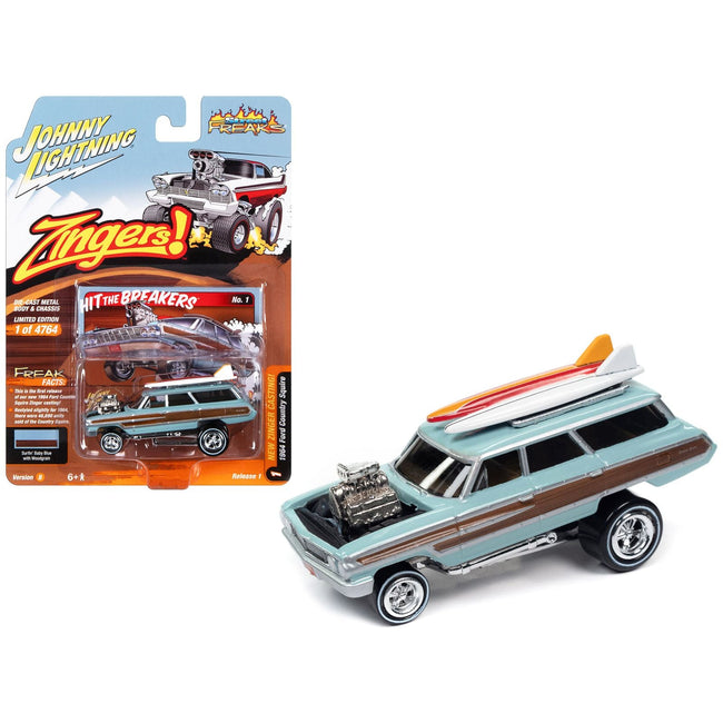 1964 Ford Country Squire Surfin' Baby Blue with Woodgrain Panels and Surfboard on Roof "Zingers!" Limited Edition to 4764 pieces Worldwide "Street Freaks" Series 1/64 Diecast Model Car by Johnny Lightning - Johnny Lightning - ModelCars.com