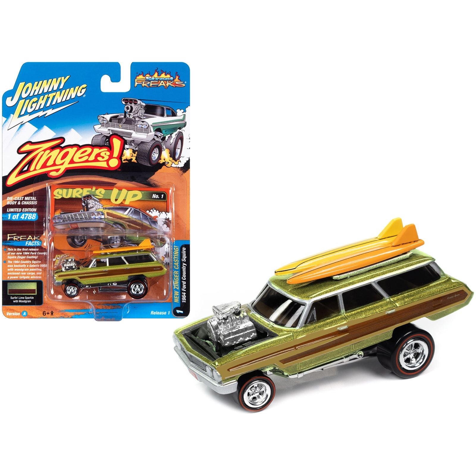 1964 Ford Country Squire Surfin' Lime Metallic with Woodgrain Panels and Surfboard on Roof "Zingers!" Limited Edition to 4788 pieces Worldwide "Street Freaks" Series 1/64 Diecast Model Car by Johnny Lightning - Johnny Lightning - ModelCars.com
