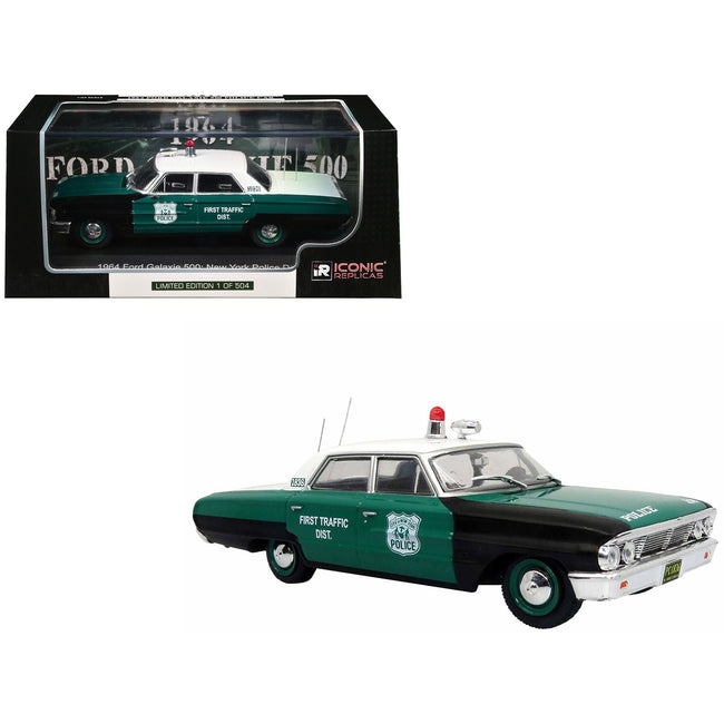 1964 Ford Galaxie 500 Police Car "New York Police Department" Black and Green with White Top Limited Edition to 504 pieces Worldwide 1/43 Diecast Model by Iconic Replicas-Iconic Replicas-ModelCars.com