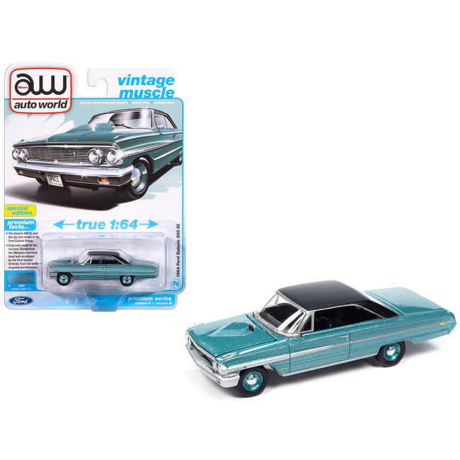 1964 Ford Galaxie 500 XL Dynasty Green Metallic with Black Top "Vintage Muscle" Series 1/64 Diecast Model Car by Auto World-Autoworld-ModelCars.com