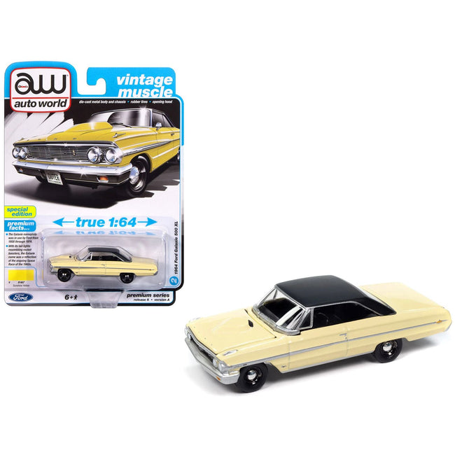 1964 Ford Galaxie 500 XL Sunshine Yellow with Black Top "Vintage Muscle" Series 1/64 Diecast Model Car by Auto World-Autoworld-ModelCars.com