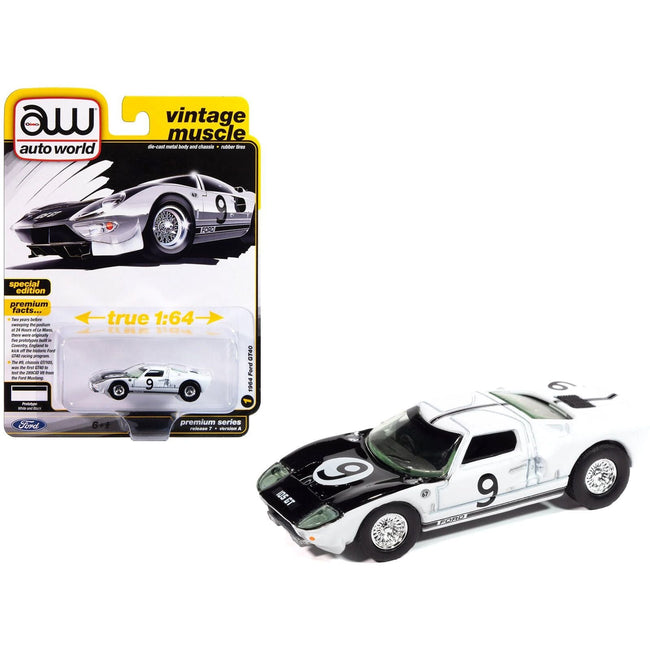 1964 Ford GT40 #9 White with Black Hood and Stripes "Vintage Muscle" Series 1/64 Diecast Model Car by Auto World-Autoworld-ModelCars.com