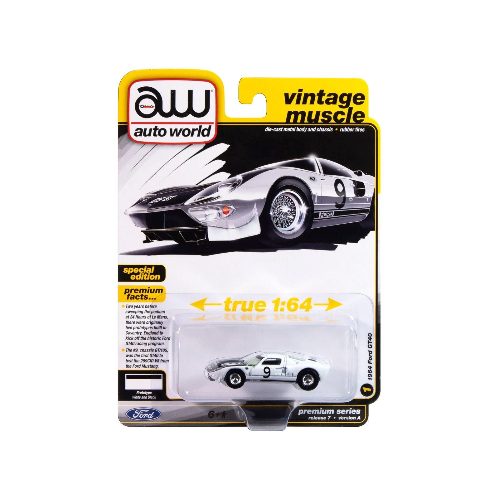 1964 Ford GT40 9 White with Black Hood and Stripes "Vintage Muscle" Series 1/64 Diecast Model Car by Auto World - Autoworld - ModelCars.com