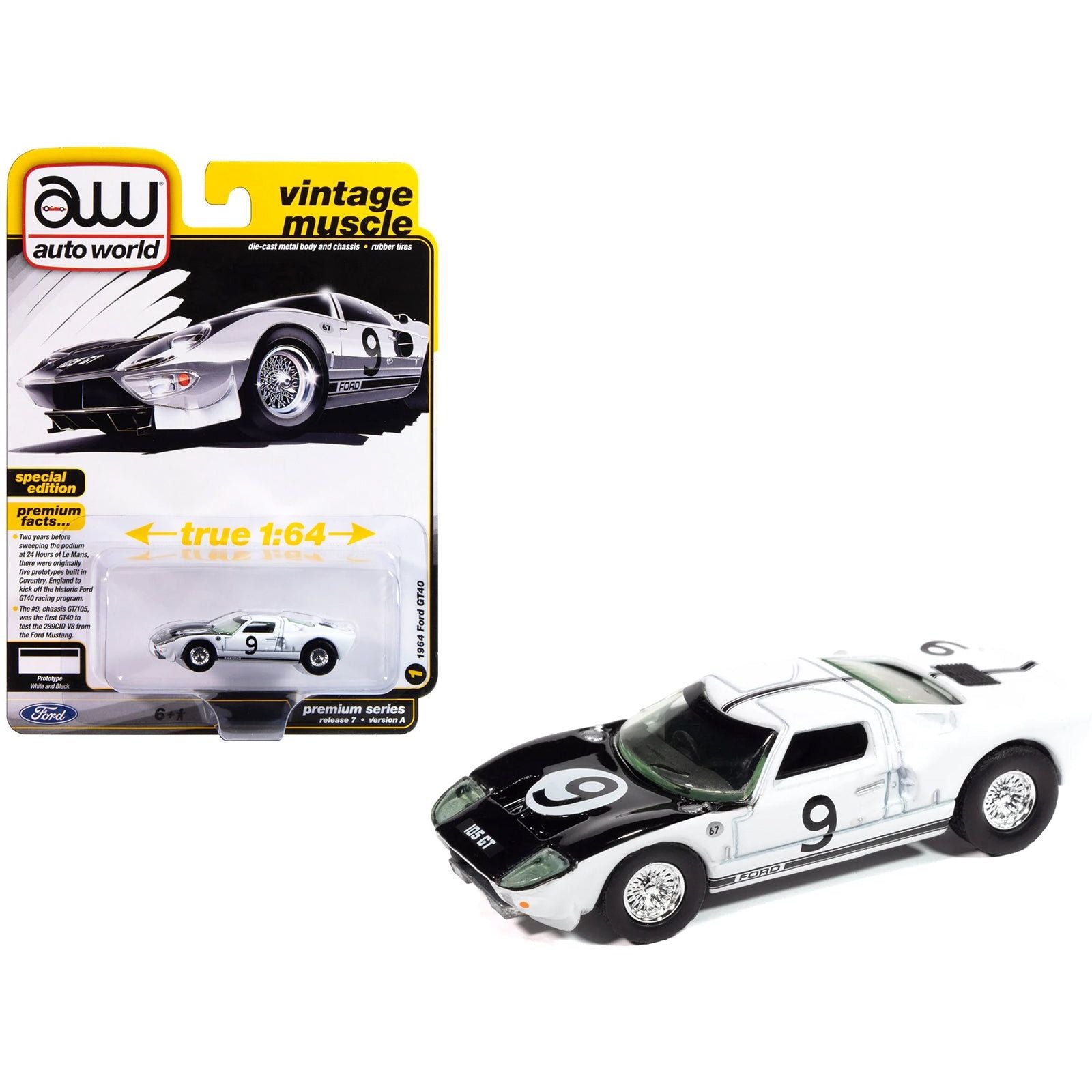 1964 Ford GT40 9 White with Black Hood and Stripes "Vintage Muscle" Series 1/64 Diecast Model Car by Auto World - Autoworld - ModelCars.com