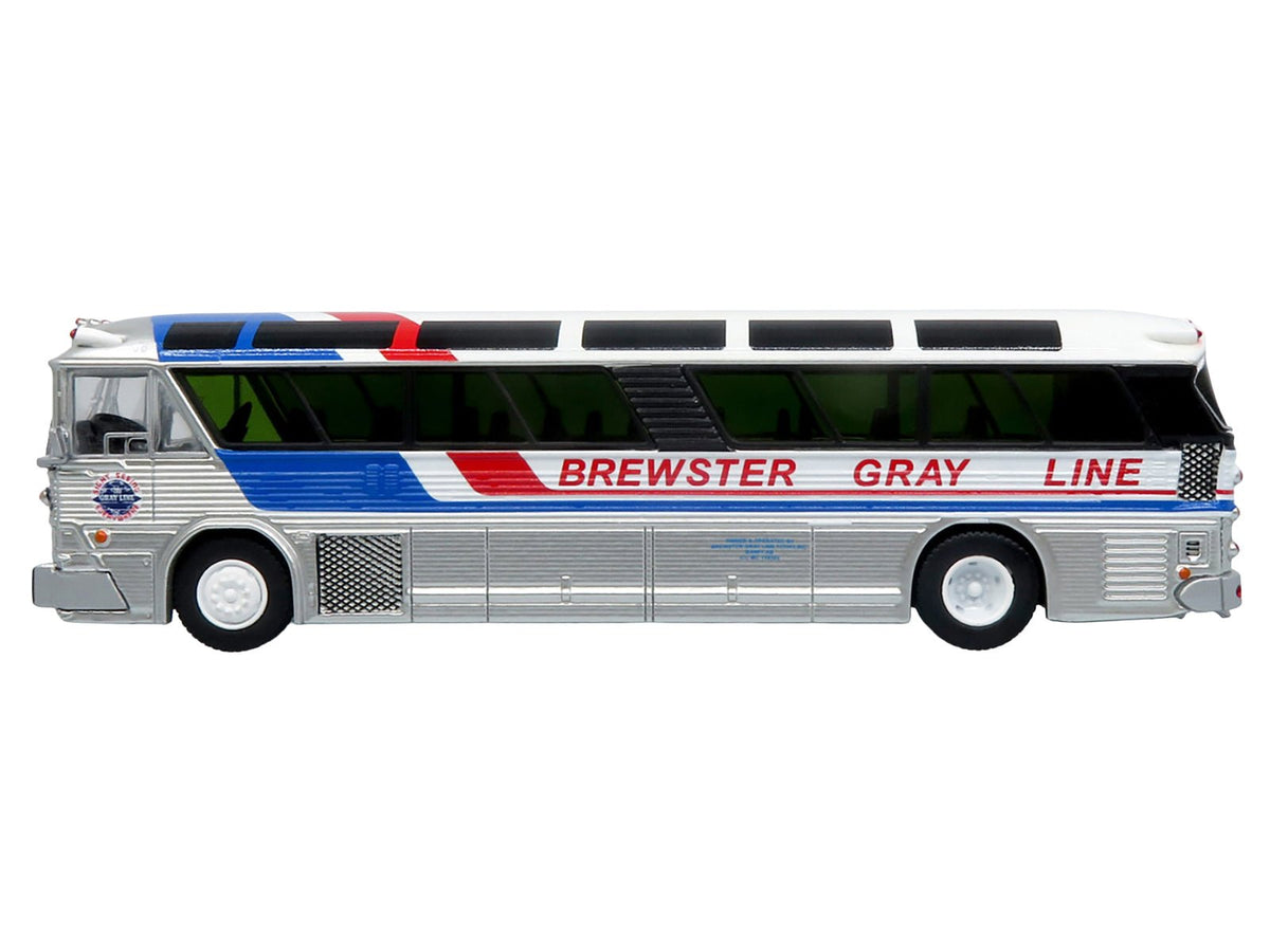 1964 MCI MC-5A Coach Bus "Brewster Gray Line" Silver with Blue and Red Stripes "Vintage Bus & Motorcoach Collection" Limited Edition to 504 pieces Worldwide 1/87 (HO) Diecast Model by Iconic Replicas-Iconic Replicas-ModelCars.com