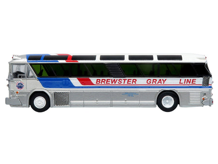 1964 MCI MC-5A Coach Bus "Brewster Gray Line" Silver with Blue and Red Stripes "Vintage Bus & Motorcoach Collection" Limited Edition to 504 pieces Worldwide 1/87 (HO) Diecast Model by Iconic Replicas-Iconic Replicas-ModelCars.com