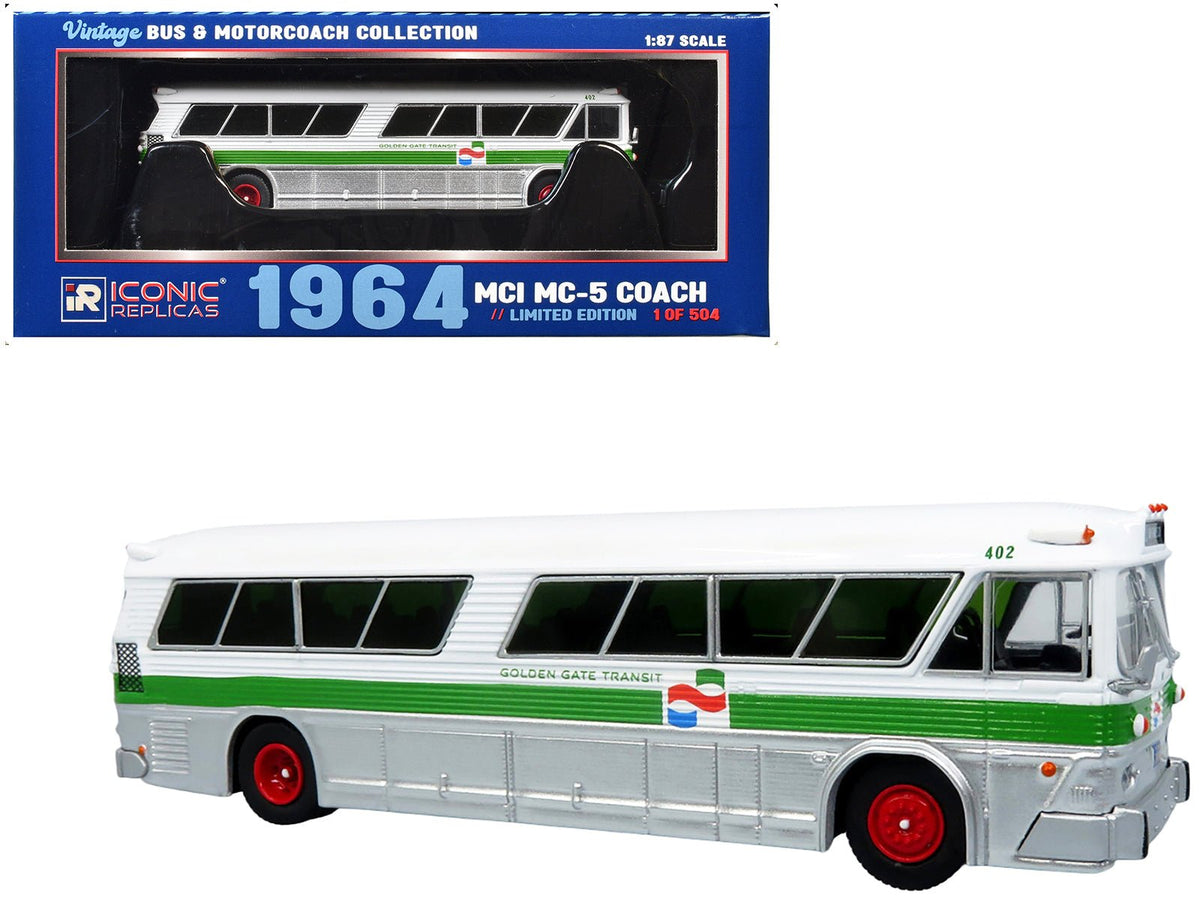 1964 MCI MC-5A Coach Bus "Golden Gate Transit" White with Green Stripes "Vintage Bus & Motorcoach Collection" Limited Edition to 504 pieces Worldwide 1/87 (HO) Diecast Model by Iconic Replicas-Iconic Replicas-ModelCars.com