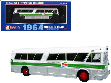1964 MCI MC-5A Coach Bus "Golden Gate Transit" White with Green Stripes "Vintage Bus & Motorcoach Collection" Limited Edition to 504 pieces Worldwide 1/87 (HO) Diecast Model by Iconic Replicas-Iconic Replicas-ModelCars.com