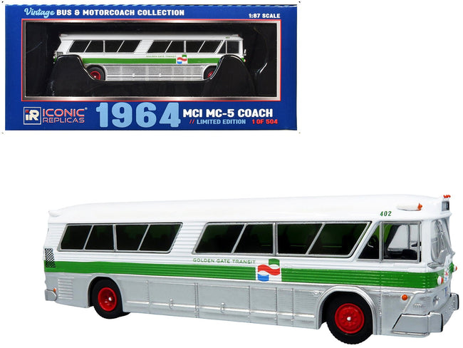1964 MCI MC-5A Coach Bus "Golden Gate Transit" White with Green Stripes "Vintage Bus & Motorcoach Collection" Limited Edition to 504 pieces Worldwide 1/87 (HO) Diecast Model by Iconic Replicas-Iconic Replicas-ModelCars.com