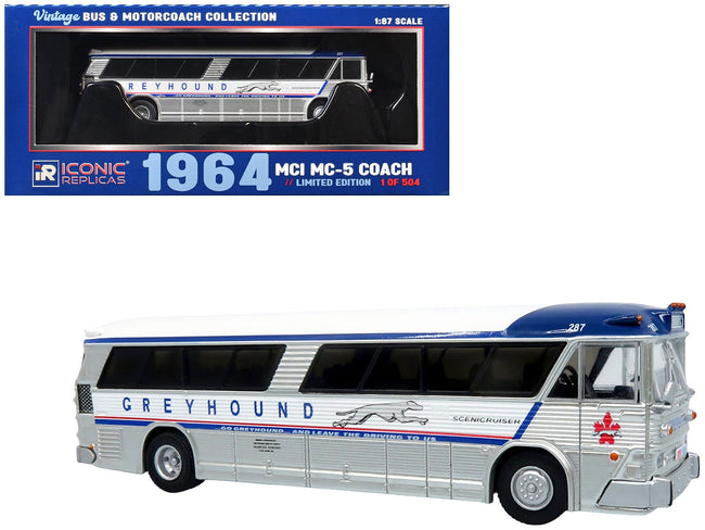 1964 MCI MC-5A Coach Bus "Greyhound Canada" White with Blue Stripes "Vintage Bus & Motorcoach Collection" Limited Edition to 504 pieces Worldwide 1/87 (HO) Diecast Model by Iconic Replicas-Iconic Replicas-ModelCars.com