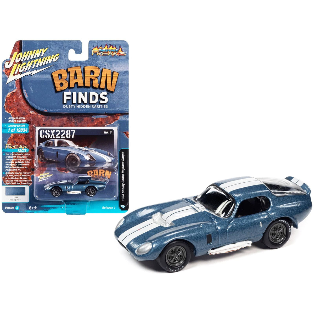 1964 Shelby Cobra Daytona Coupe Viking Blue Metallic with White Stripes "Barn Finds" Limited Edition to 12834 pieces Worldwide "Street Freaks" Series 1/64 Diecast Model Car by Johnny Lightning - Johnny Lightning - ModelCars.com