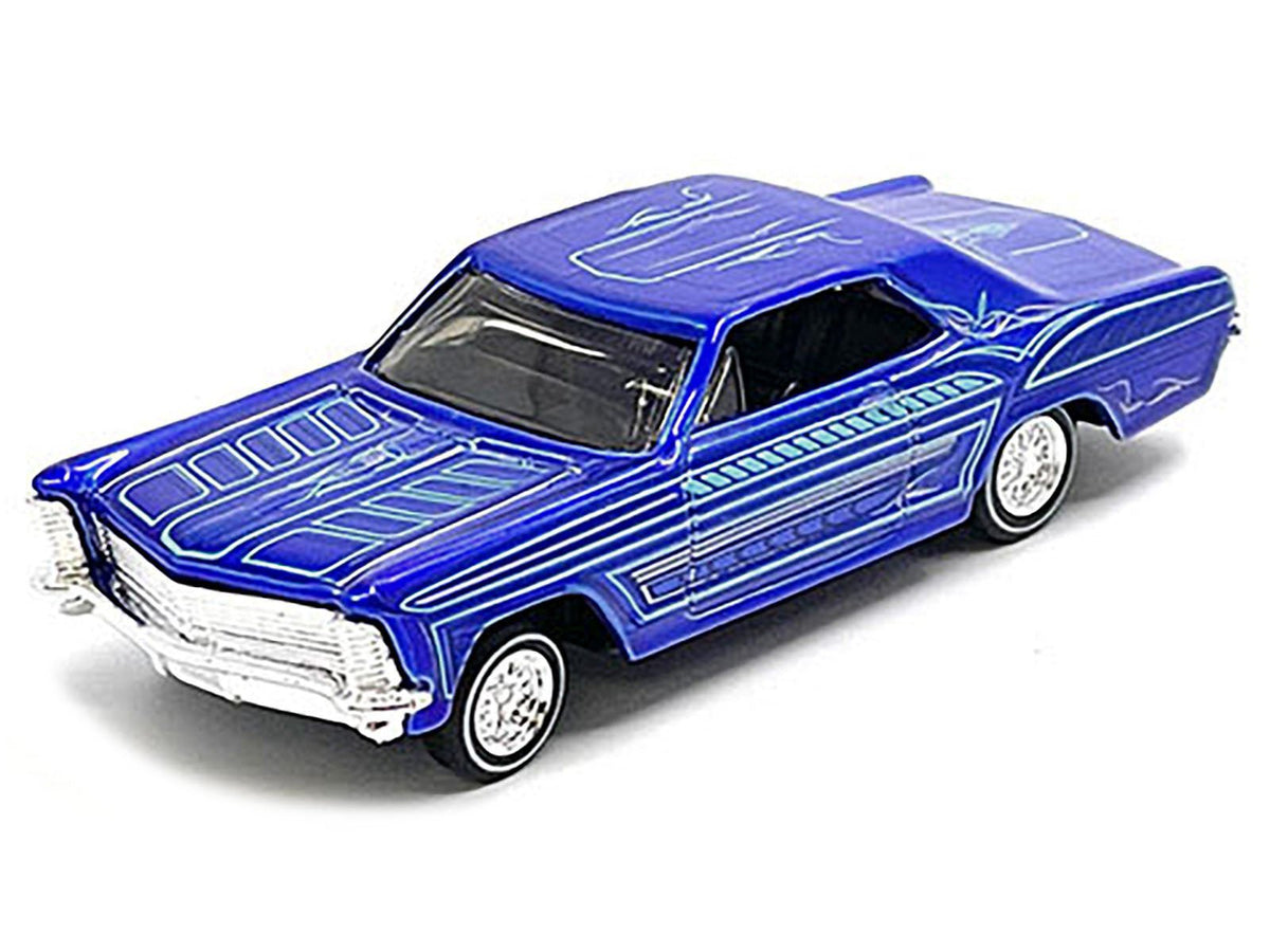 1965 Buick Riviera Candy Blue with Graphics "Lowriders" "Maisto Design" Series 1/64 Diecast Model Car by Maisto-Maisto-ModelCars.com