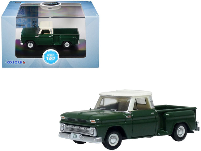 1965 Chevrolet C10 Stepside Pickup Truck Dark Green with Ivory Top 1/87 (HO) Scale Diecast Model Car by Oxford Diecast-Oxford Diecast-ModelCars.com