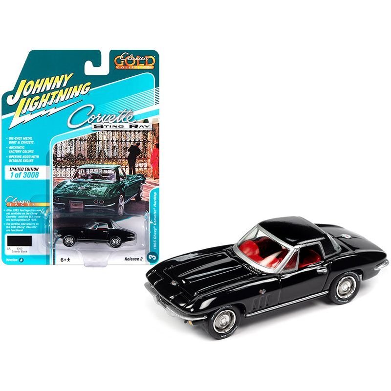 1965 Chevrolet Corvette Hardtop Tuxedo Black with Red Interior "Classic Gold Collection" Limited Edition to 3008 pieces Worldwide 1/64 Diecast Model Car by Johnny Lightning-Johnny Lightning-ModelCars.com