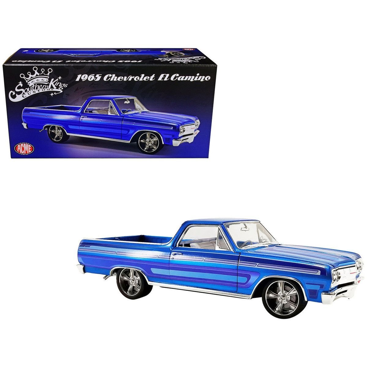 1965 Chevrolet El Camino Custom Laser Blue Metallic with Graphics "Southern Kings Customs" Limited Edition to 222 pieces Worldwide 1/18 Diecast Model Car by ACME-Acme-ModelCars.com