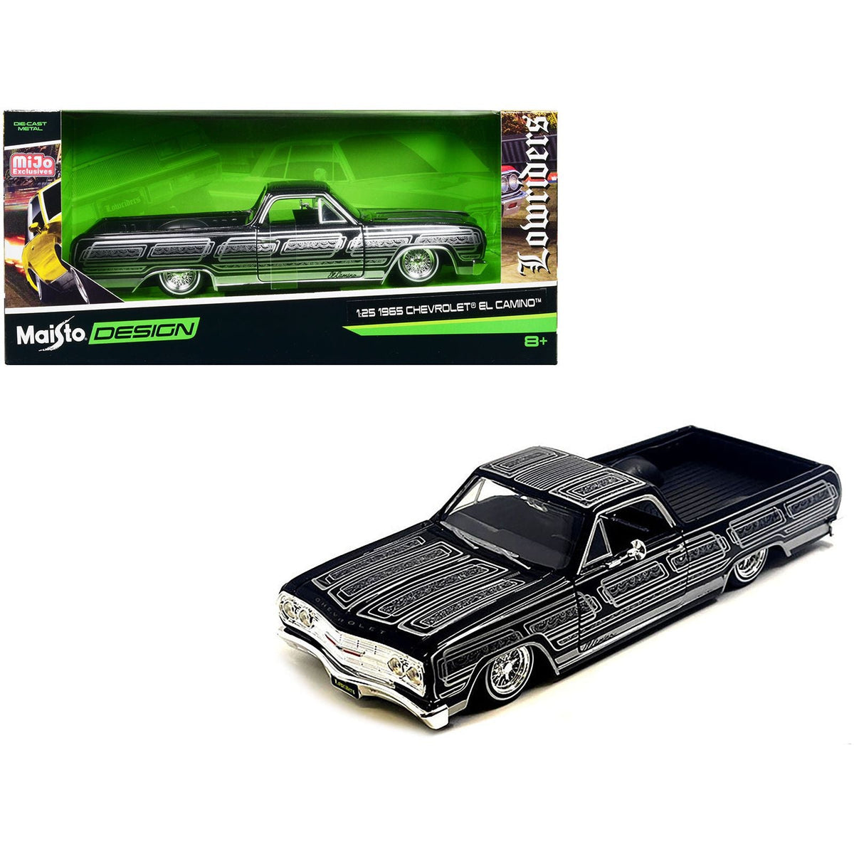 1965 Chevrolet El Camino Lowrider Black Metallic with Silver Graphics "Lowriders" Series 1/25 Diecast Model Car by Maisto - Maisto - ModelCars.com
