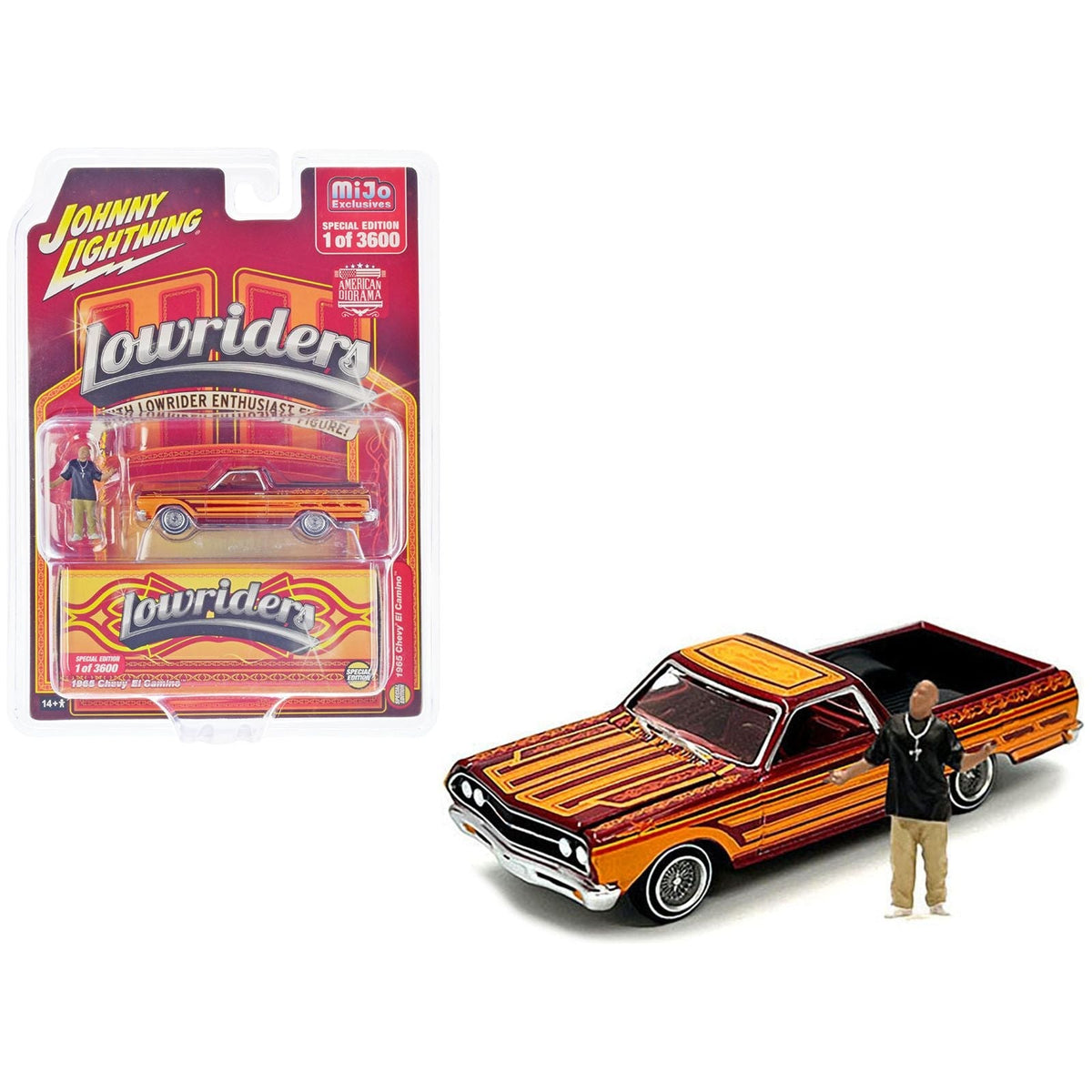 1965 Chevrolet El Camino Lowrider Red Metallic with Orange Graphics and Red Interior and Diecast Figure Limited Edition to 3600 pieces Worldwide 1/64 Diecast Model Car by Johnny Lightning-Johnny Lightning-ModelCars.com