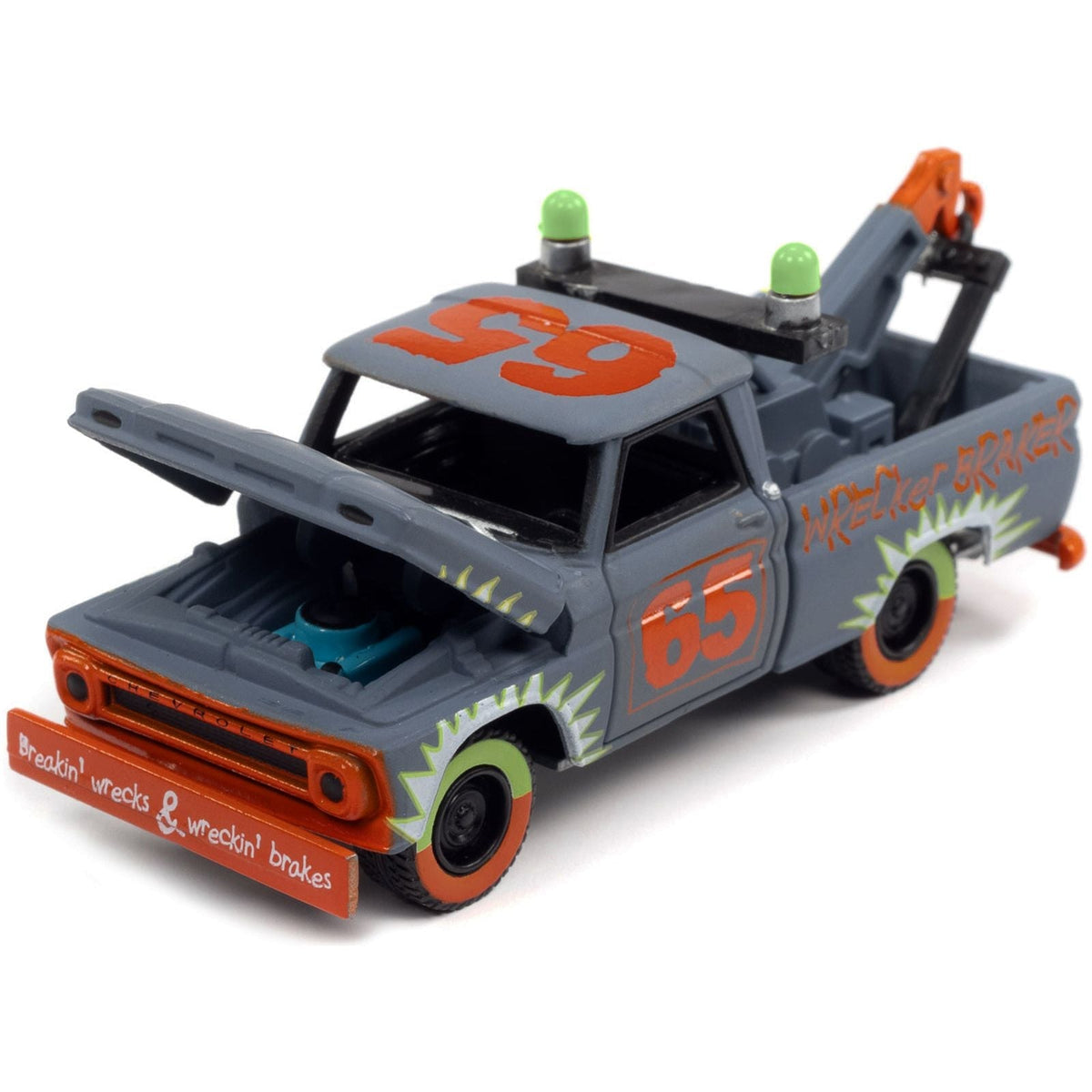 1965 Chevrolet Tow Truck 65 Derby Smoke Gray with Graphics "Demolition Derby" "Street Freaks" Series Limited Edition to 15196 pieces Worldwide 1/64 Diecast Model Car by Johnny Lightning-Johnny Lightning-ModelCars.com