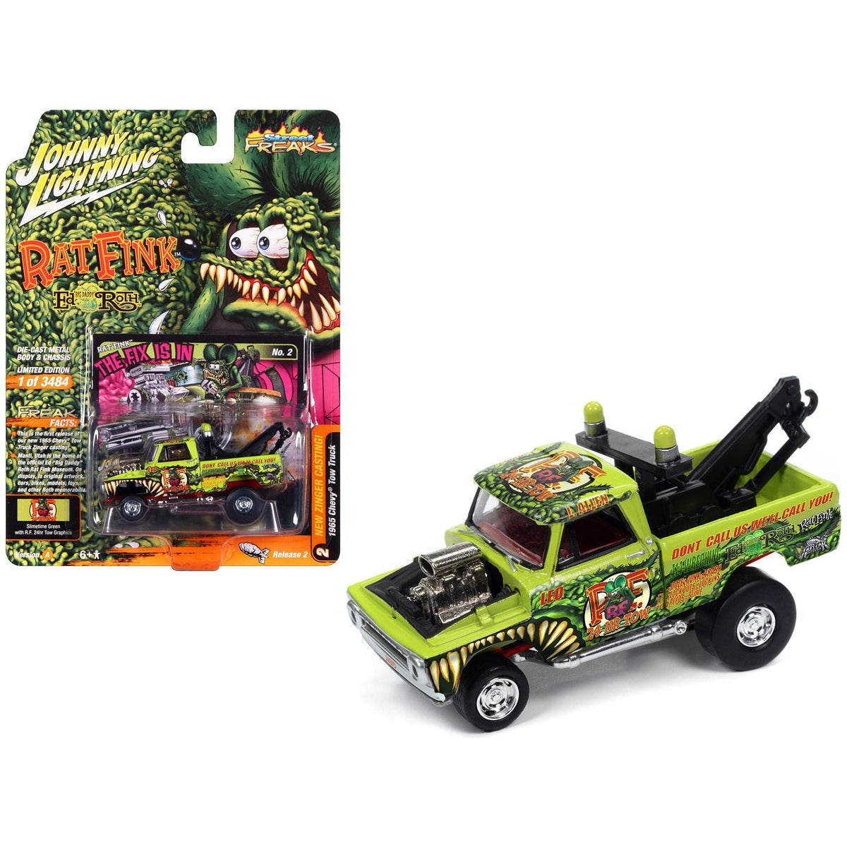 1965 Chevrolet Tow Truck "Rat Fink - The Fix Is In" Showtime Green with "Rat Fink" Graphics "Zingers!" Limited Edition to 3484 pieces Worldwide "Street Freaks" Series 1/64 Diecast Model Car by Johnny Lightning-Johnny Lightning-ModelCars.com