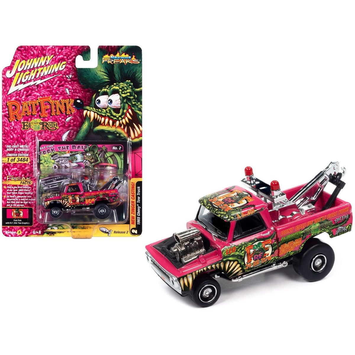 1965 Chevrolet Tow Truck "Rat Fink - Took the Bait" Fink Pink with "Rat Fink" Graphics "Zingers!" Limited Edition to 3484 pieces Worldwide "Street Freaks" Series 1/64 Diecast Model Car by Johnny Lightning-Johnny Lightning-ModelCars.com