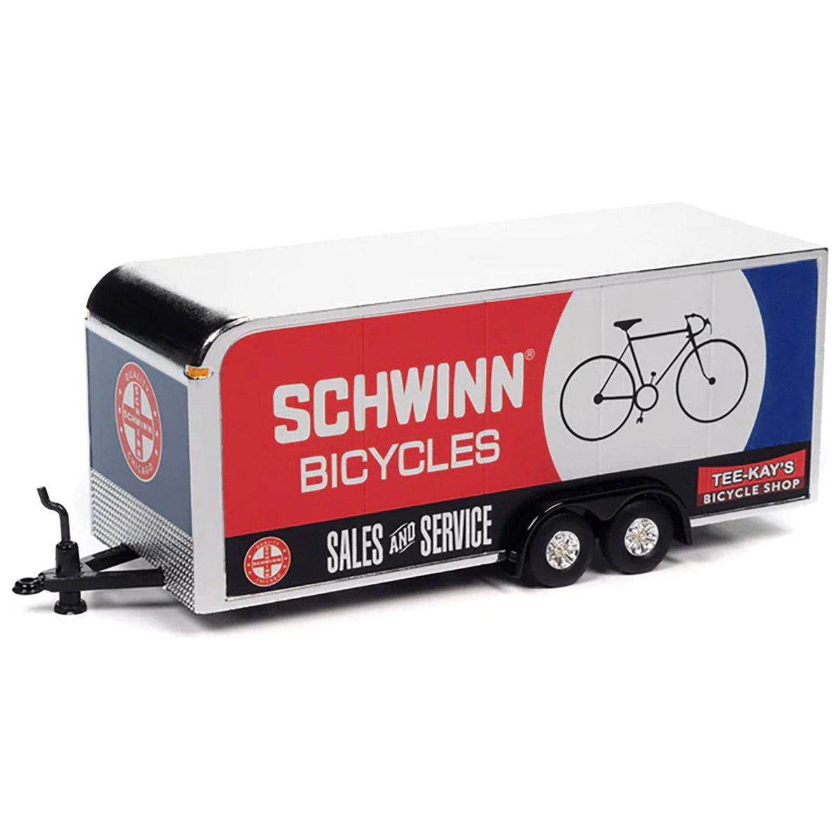 1965 Dodge A-100 Pickup Truck Blue Metallic and White with Enclosed Car Trailer "Schwinn Bicycles" "Tow & Go" Series Limited Edition to 3600 pieces Worldwide 1/64 Diecast Model Car by Johnny Lightning-Johnny Lightning-ModelCars.com