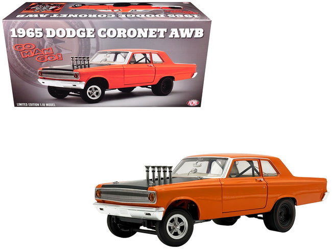1965 Dodge Coronet AWB "Go Man Go" Go Mango Orange with Black Hood Limited Edition to 300 pieces Worldwide 1/18 Diecast Model Car by ACME-Acme-ModelCars.com