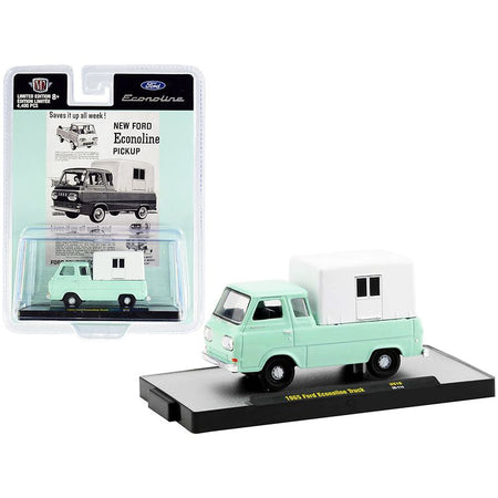 1965 Ford Econoline Pickup Truck with Camper Shell Mint Green and White Limited Edition to 4400 pieces Worldwide 1/64 Diecast Model Car by M2 Machines-M2-ModelCars.com