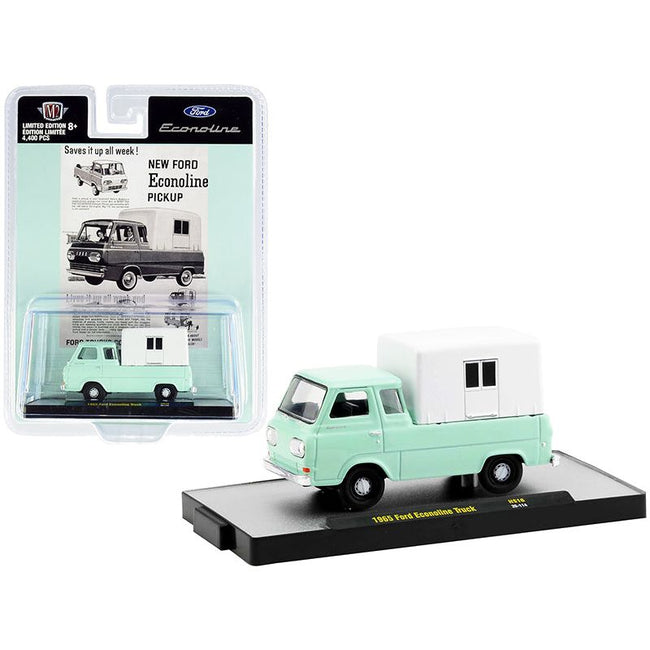 1965 Ford Econoline Pickup Truck with Camper Shell Mint Green and White Limited Edition to 4400 pieces Worldwide 1/64 Diecast Model Car by M2 Machines-M2-ModelCars.com