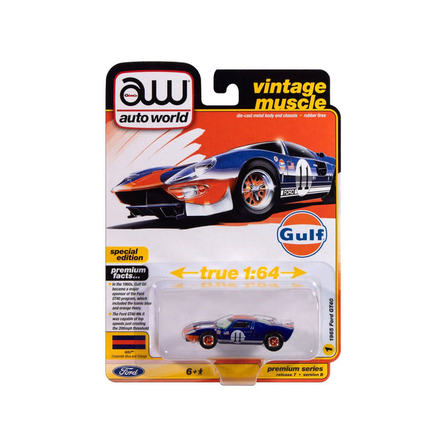 1965 Ford GT40 11 "Gulf" Blue with Orange Stripe "Vintage Muscle" Series 1/64 Diecast Model Car by Auto World - Autoworld - ModelCars.com