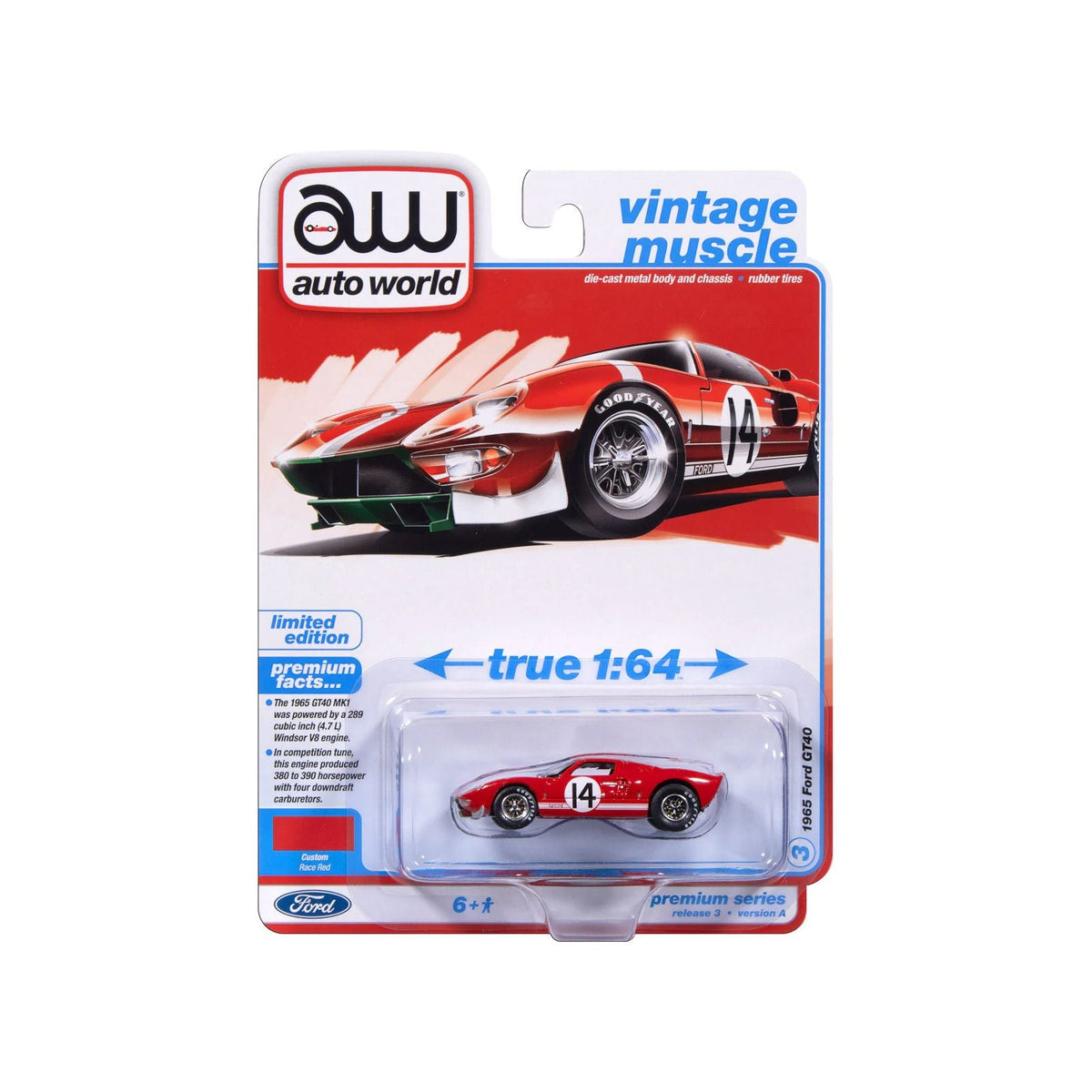 1965 Ford GT40 #14 Red with White Stripes "Vintage Muscle" Series 1/64 Diecast Model Car by Auto World-Autoworld-ModelCars.com