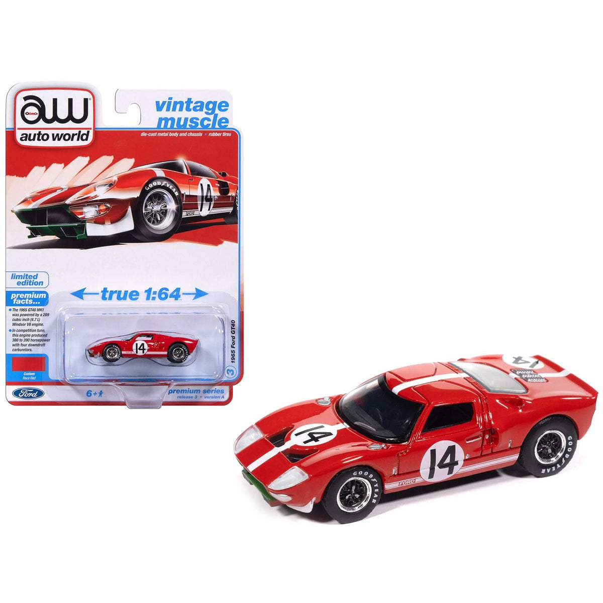 1965 Ford GT40 #14 Red with White Stripes "Vintage Muscle" Series 1/64 Diecast Model Car by Auto World-Autoworld-ModelCars.com
