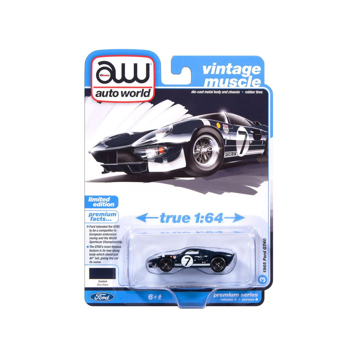 1965 Ford GT40 #7 Blue Black with White Stripes "Vintage Muscle" Series 1/64 Diecast Model Car by Auto World-Autoworld-ModelCars.com