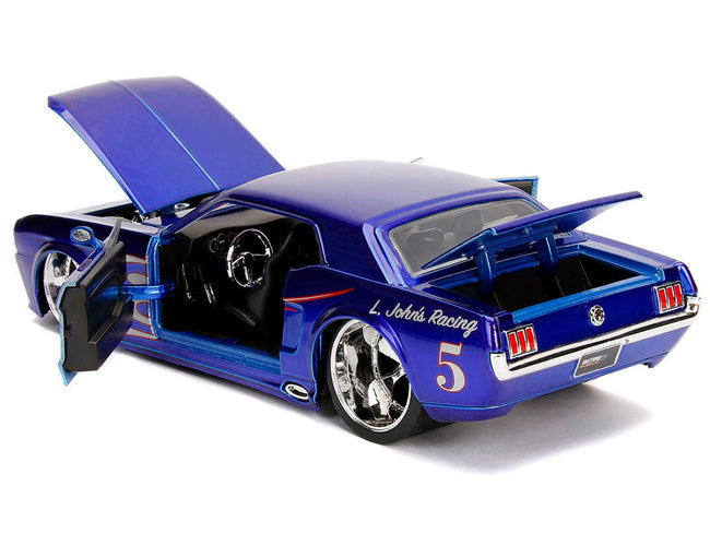 1965 Ford Mustang #5 "L. John's Racing" Candy Blue with Flame Graphics "Bigtime Muscle" Series 1/24 Diecast Model Car by Jada-Jada-ModelCars.com