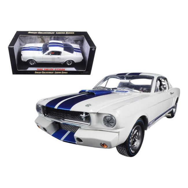1965 Ford Mustang Shelby GT350R White with Blue Stripes and Printed Carroll Shelby's Signature on the Roof 1/18 Diecast Model Car by Shelby Collectibles - Shelby Collectibles - ModelCars.com