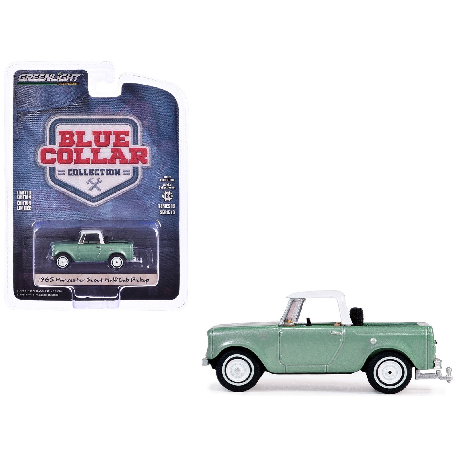 1965 Harvester Scout Half Cab Pickup Truck Aspen Green Metallic with White Top "Blue Collar Collection" Series 13 1/64 Diecast Model Car by Greenlight - Greenlight - ModelCars.com