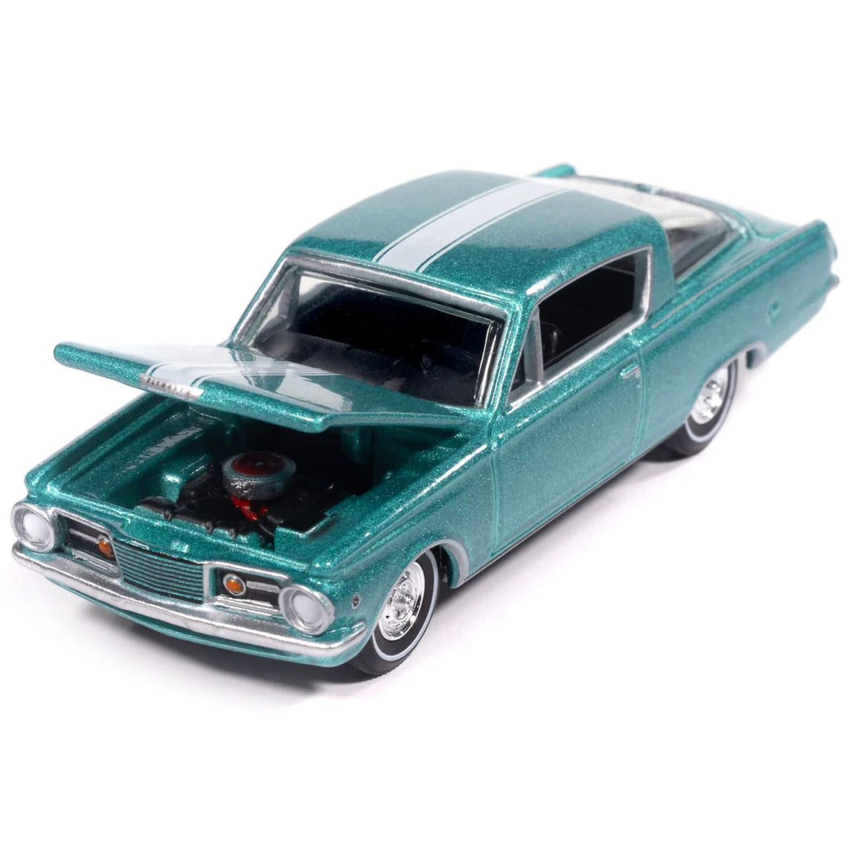 1965 Plymouth Barracuda Formula S Turquoise Metallic with White Stripe "Vintage Muscle" Series 1/64 Diecast Model Car by Auto World-Autoworld-ModelCars.com