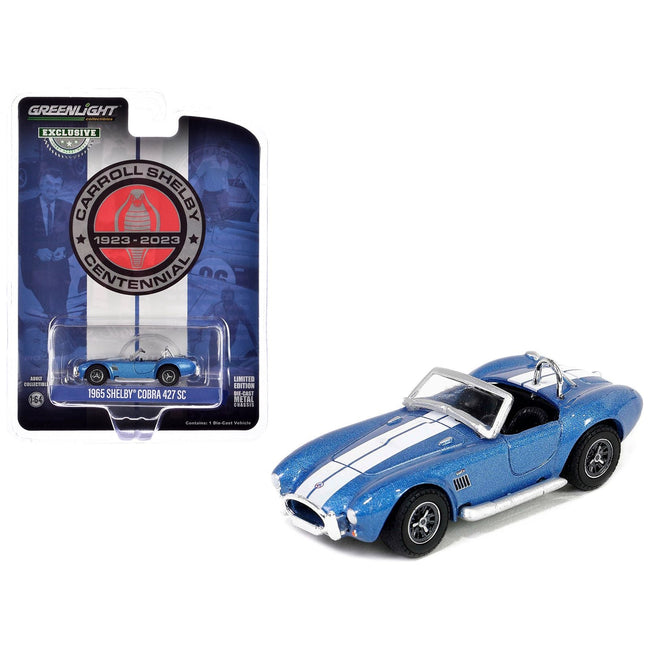 1965 Shelby Cobra 427 SC Guardsman Blue Metallic with White Stripes "Carroll Shelby Centennial" "Hobby Exclusive" Series 1/64 Diecast Model Car by Greenlight - Greenlight - ModelCars.com