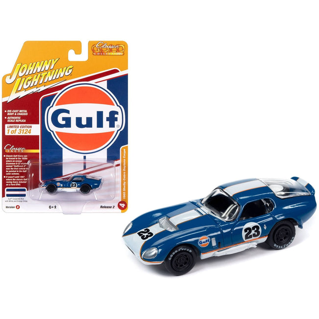 1965 Shelby Cobra Daytona Coupe 23 Dark Blue with White and Orange Stripes "Gulf Oil" "Classic Gold Collection" 2023 Release 2 Limited Edition to 3124 pieces Worldwide 1/64 Diecast Model Car by Johnny Lightning-Johnny Lightning-ModelCars.com