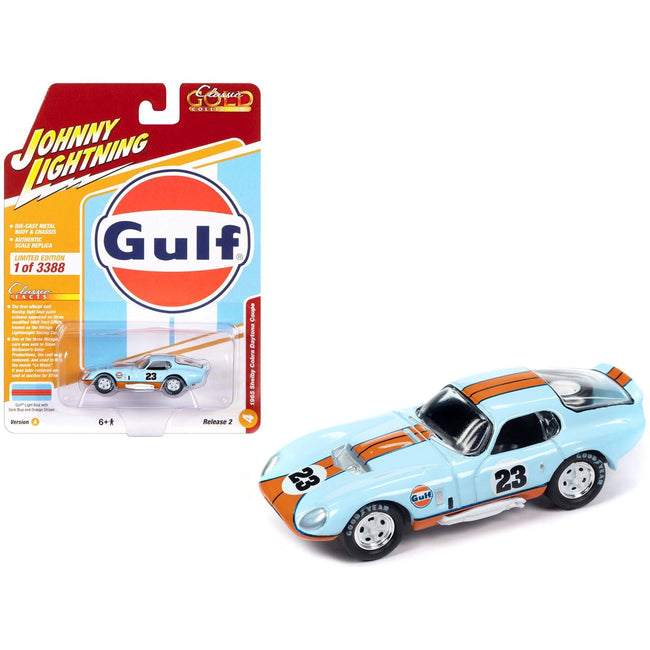 1965 Shelby Cobra Daytona Coupe 23 Light Blue with Orange Stripes "Gulf Oil" "Classic Gold Collection" 2023 Release 2 Limited Edition to 3388 pieces Worldwide 1/64 Diecast Model Car by Johnny Lightning-Johnny Lightning-ModelCars.com