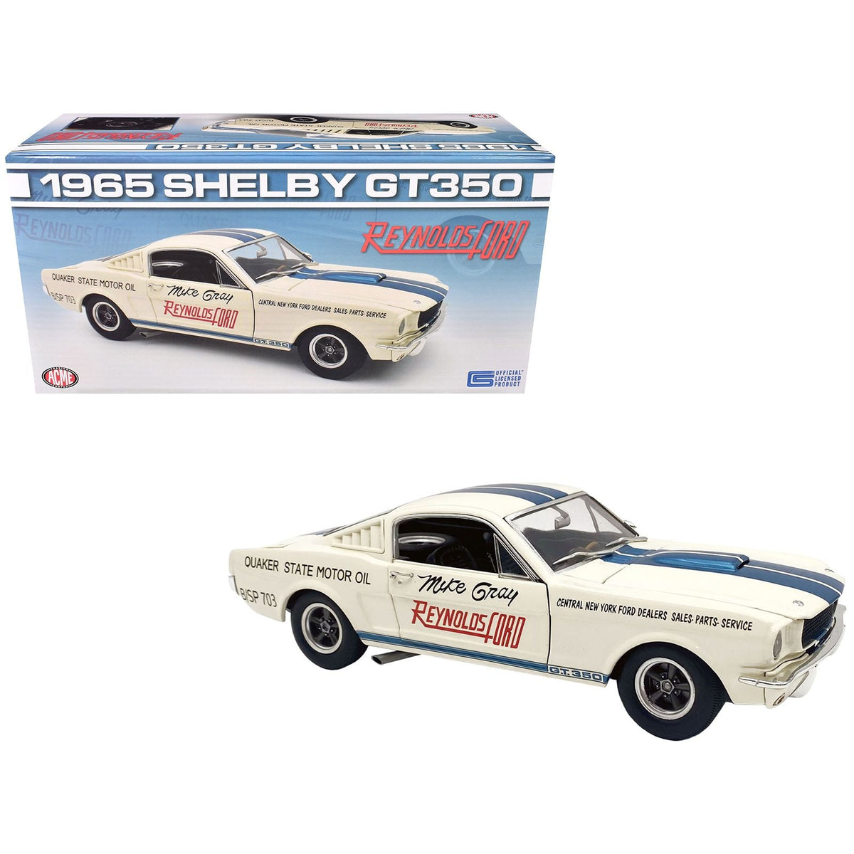 1965 Shelby GT350 "Reynolds Ford" White with Blue Stripes Limited Edition to 204 pieces Worldwide 1/18 Diecast Model Car by ACME-Acme-ModelCars.com