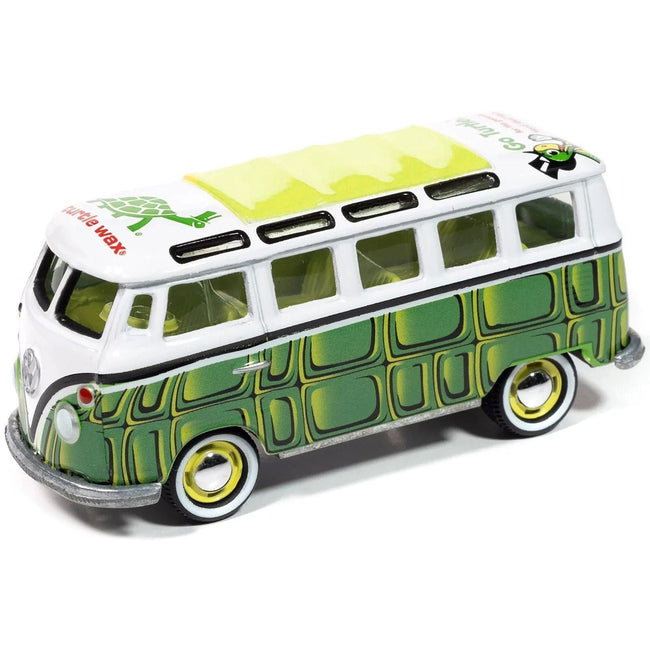 1965 Volkswagen Samba Bus "Turtle Wax" White and Green with Graphics "Pop Culture" 2025 Release 1 1/64 Diecast Model Car by Johnny Lightning-Johnny Lightning-ModelCars.com