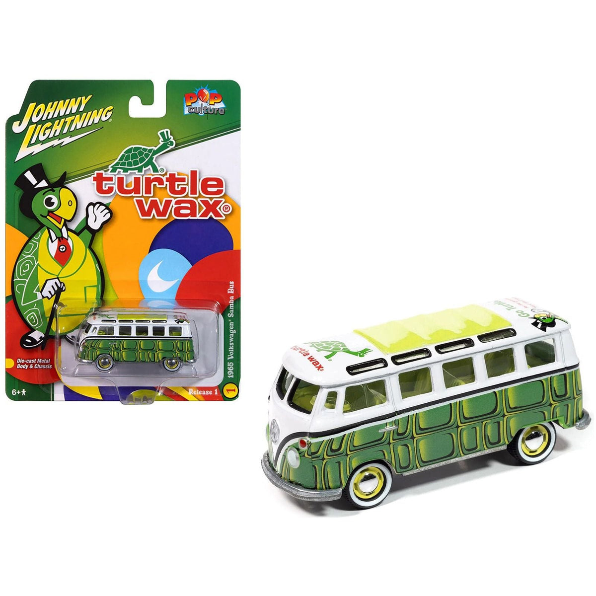 1965 Volkswagen Samba Bus "Turtle Wax" White and Green with Graphics "Pop Culture" 2025 Release 1 1/64 Diecast Model Car by Johnny Lightning-Johnny Lightning-ModelCars.com