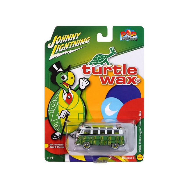 1965 Volkswagen Samba Bus "Turtle Wax" White and Green with Graphics "Pop Culture" 2025 Release 1 1/64 Diecast Model Car by Johnny Lightning-Johnny Lightning-ModelCars.com