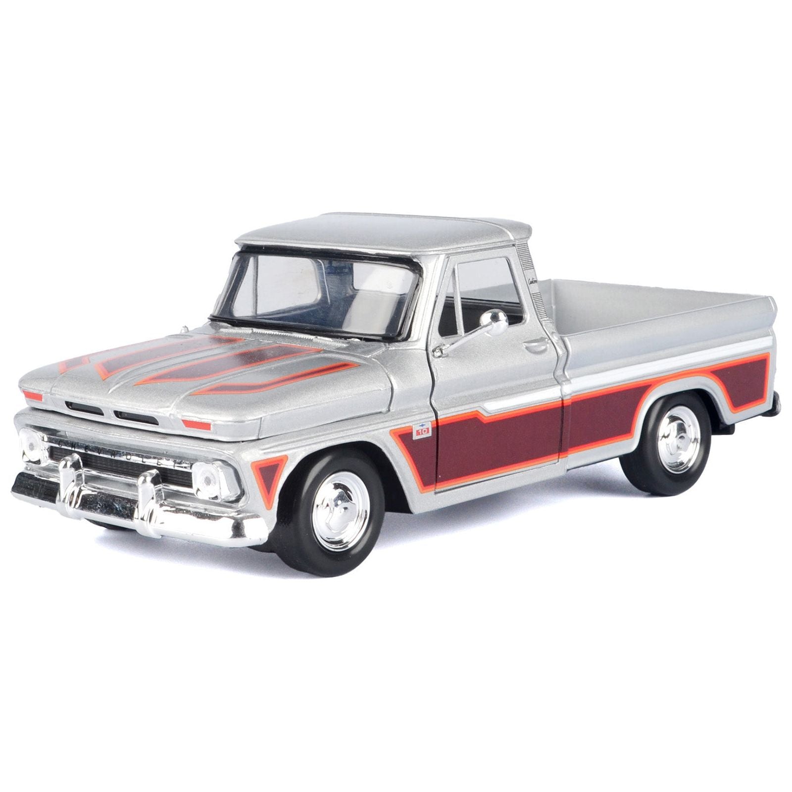 1966 Chevrolet C10 Fleetside Pickup Truck Silver Metallic with Brown Sides "American Classics" Series 1/24 Diecast Model Car by Motormax - Motormax - ModelCars.com