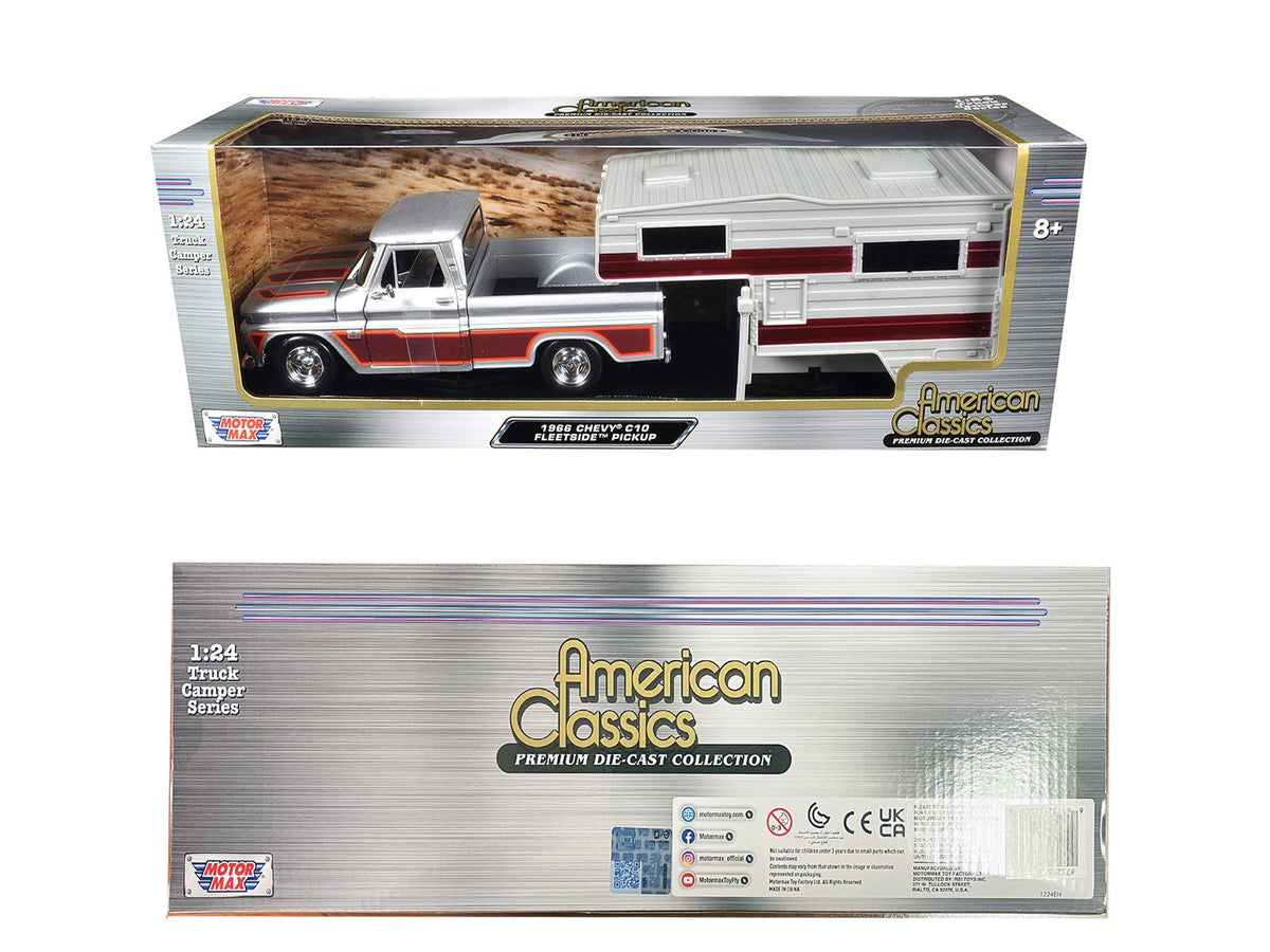 1966 Chevrolet C10 Fleetside Pickup Truck Silver Metallic with Brown Sides with Camper Shell "American Classics" Series 1/24 Diecast Model Car by Motormax-Motormax-ModelCars.com