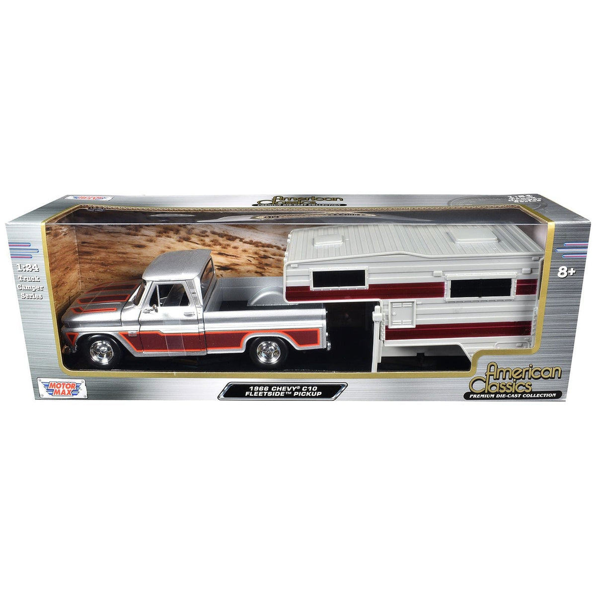 1966 Chevrolet C10 Fleetside Pickup Truck Silver Metallic with Brown Sides with Camper Shell "American Classics" Series 1/24 Diecast Model Car by Motormax-Motormax-ModelCars.com